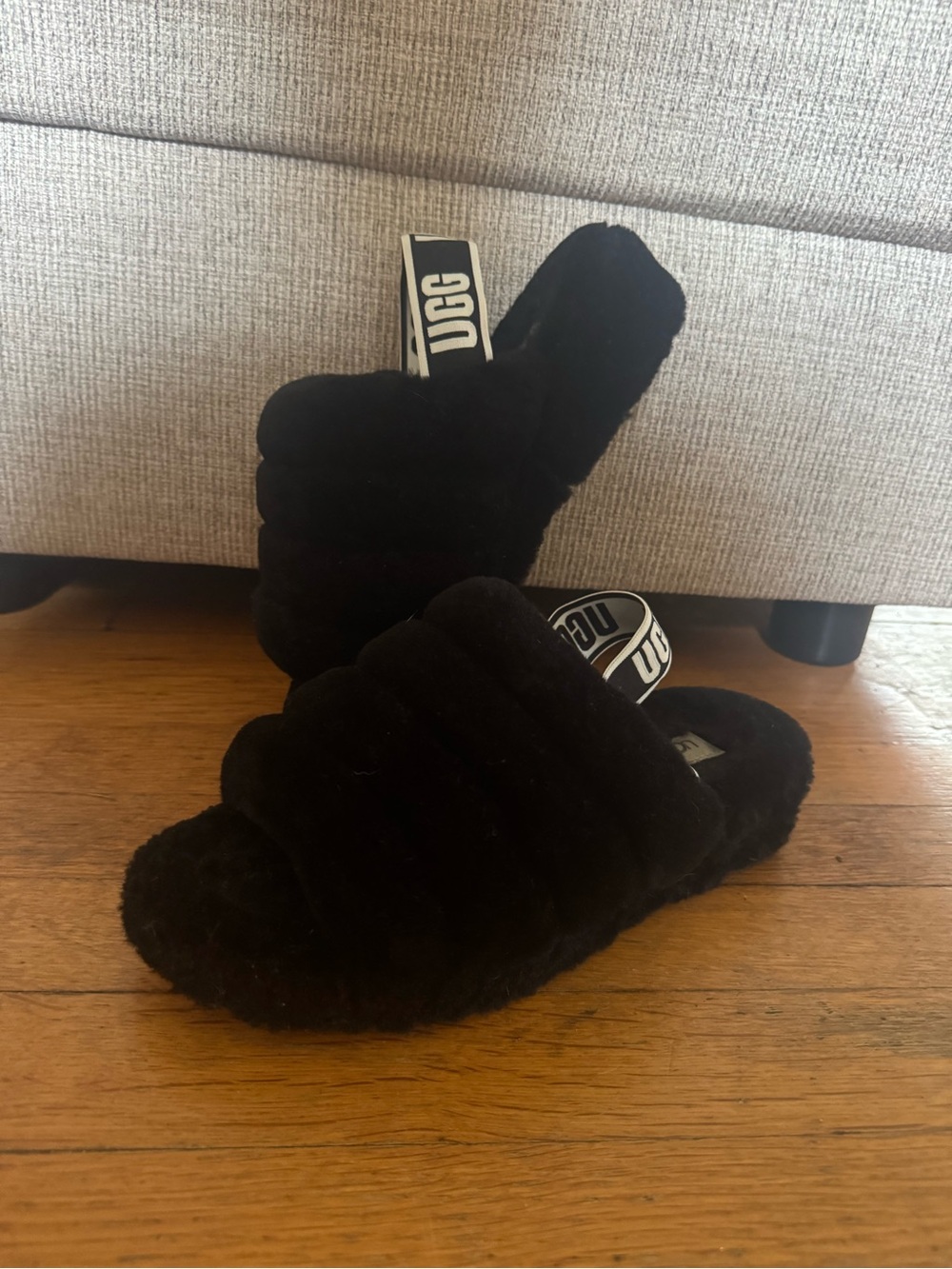UGG Black Fluff Quilted Slide with Logo Heel Strap